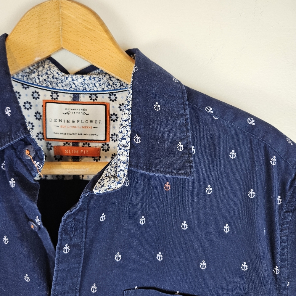 Denim & Flower Slim Fit Men's Large Anchor Print Short Sleeve Shirt A1212 - Picture 3 of 12